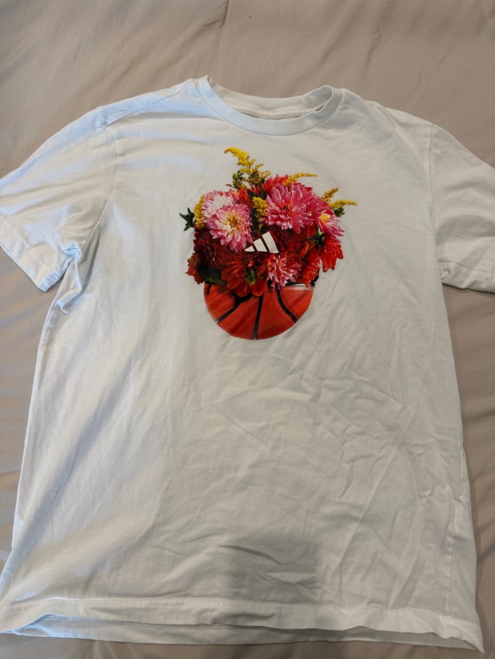 adidas White Short Sleeve Tee with Floral Basketball Graphic